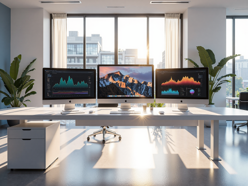 现代办公环境，多个办公桌和电脑屏幕，显示数据分析界面，蓝色背景，明亮自然光