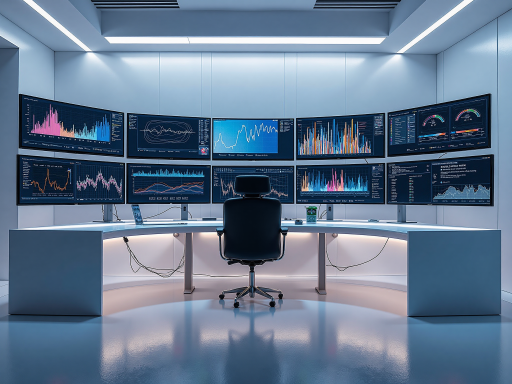 高科技工作环境，多台电脑屏幕显示数据分析图表，人工智能界面，蓝色背景，明亮自然光