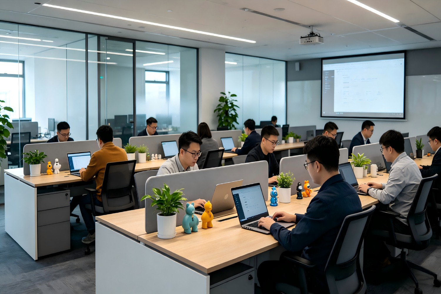 宽敞明亮的现代化办公空间，开放式工位，落地窗采光，绿植装饰，营造舒适的工作氛围